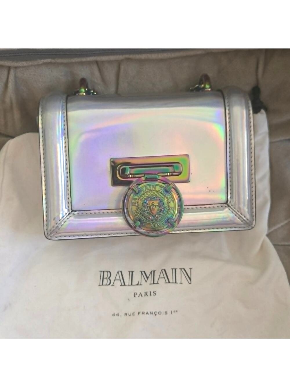 Authentic Balmain Holographic Baby Box Silver Hardware Mirrored Chain Duskbag